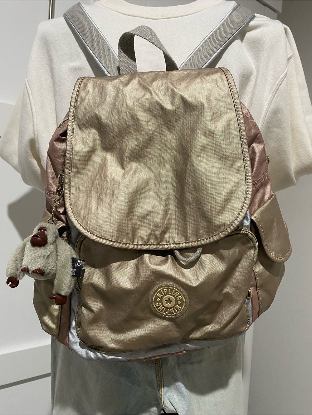 Kipling Metallic Gold and Rose Backpack with Monkey Keychain